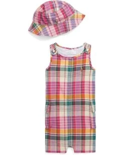 Polo Ralph Lauren Kids Indigo Cotton Madras Shortall & Hat Set (Infant)